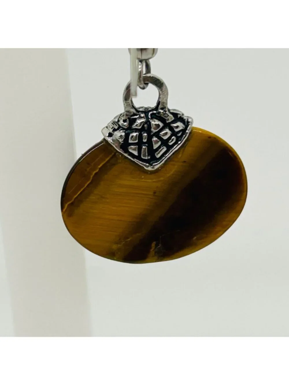 Tiger's Eye Dangle Drop Earrings Oval Gemstone Silver Tone Accents Modernist